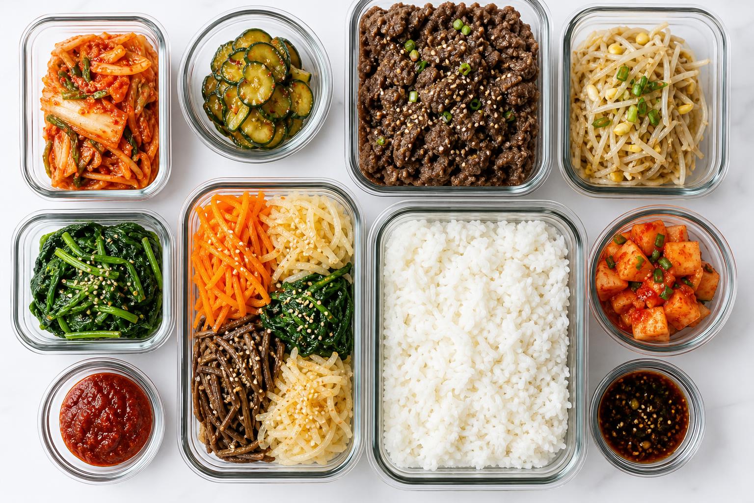 overhead shot of korean meal prep containers with colorful bibimbap components - seasoned vegetables